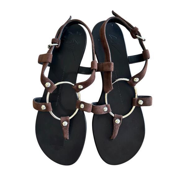 Giuseppe Zanotti Shoes - Giuseppe Zanotti Brown Suede Leather Sandals with Silver Ring Size 37